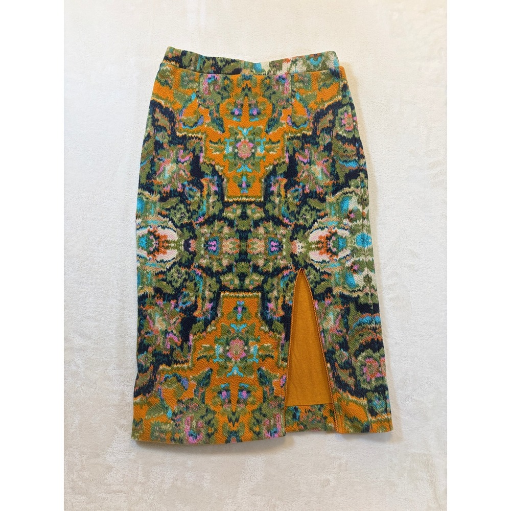 Maeve Multi-Color Abstract Tapestry Slit Midi Skirt Womens Small Excellent